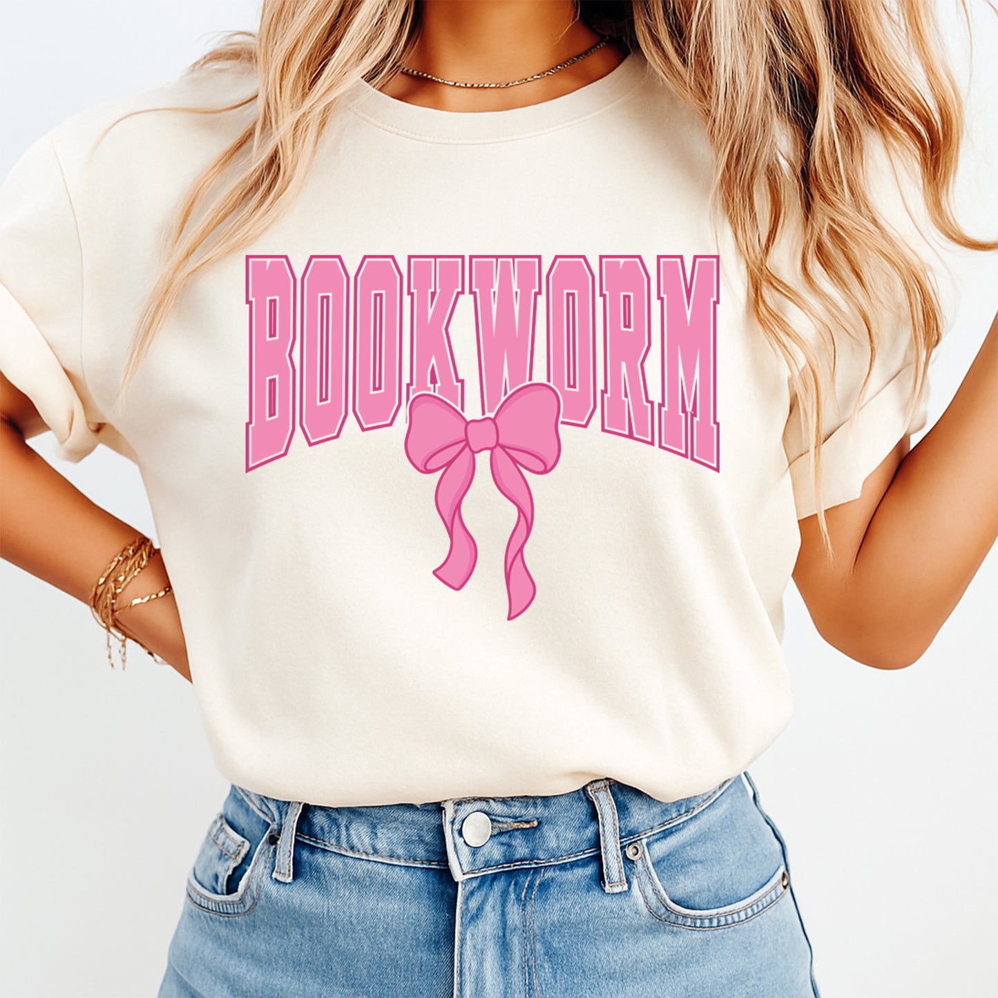 Book Lover DTF Transfer – Bookworm Pink Bow Graphic Ready to Press Iron On Heat Transfer for DIY Reading Shirts 12433