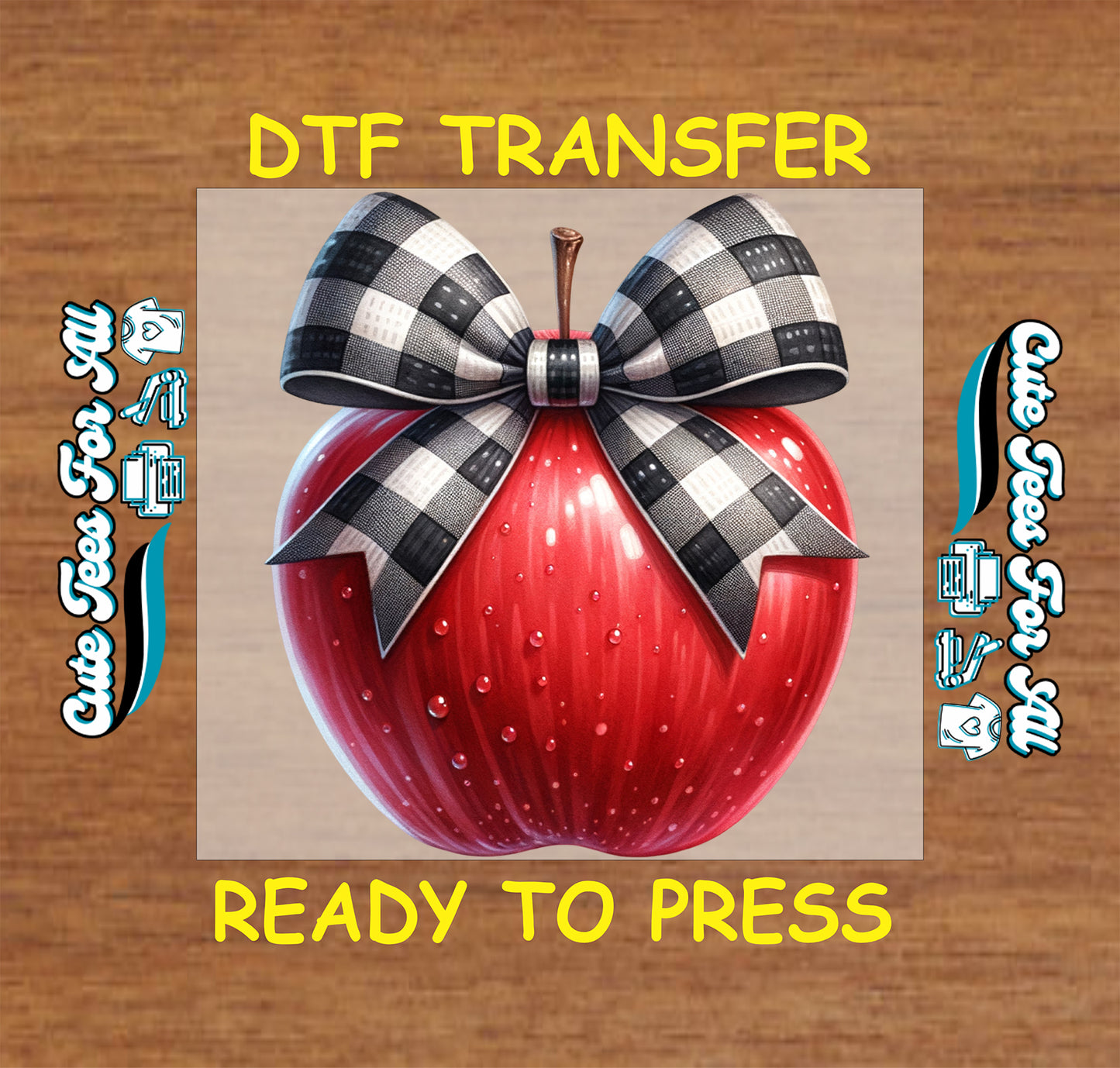red apple buffalo plaid bow teacher ready to press dtf iron on heat transfer