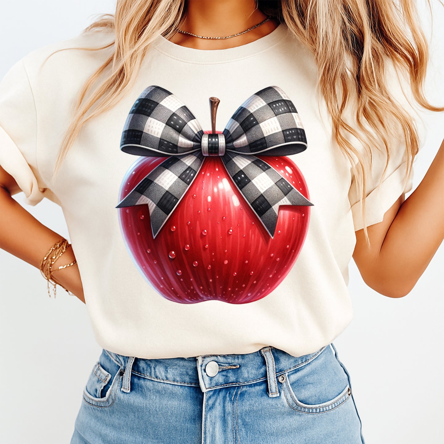 Teacher DTF Transfer – Apple Buffalo Plaid Bow Graphic Ready to Press Iron On Heat Transfer for DIY Teacher Shirts 12434