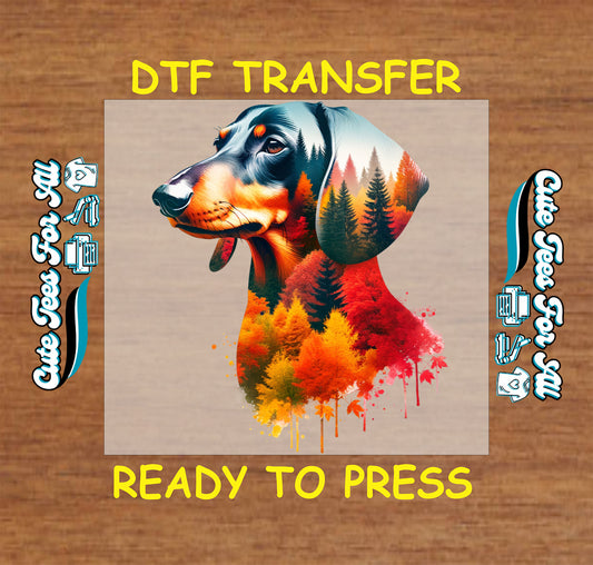 fall forest dog silhouette autumn colors ready to press dtf iron on heat transfer