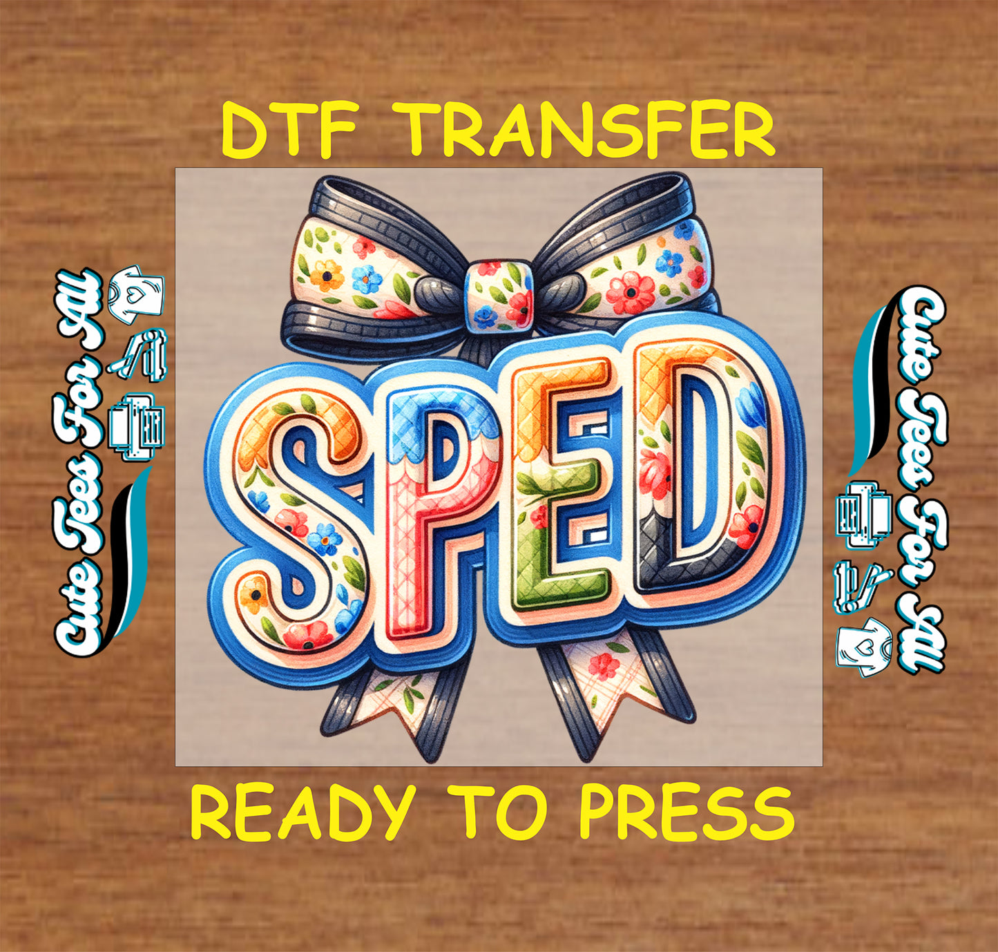 sped floral bow teacher ready to press dtf iron on heat transfer