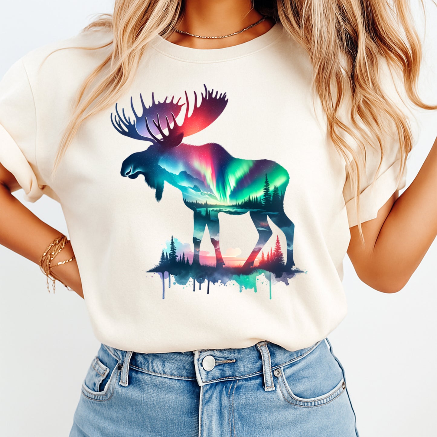 Outdoor DTF Transfer – Aurora Moose Silhouette Forest Graphic Ready to Press Iron On Heat Transfer for DIY Nature Shirts 12438