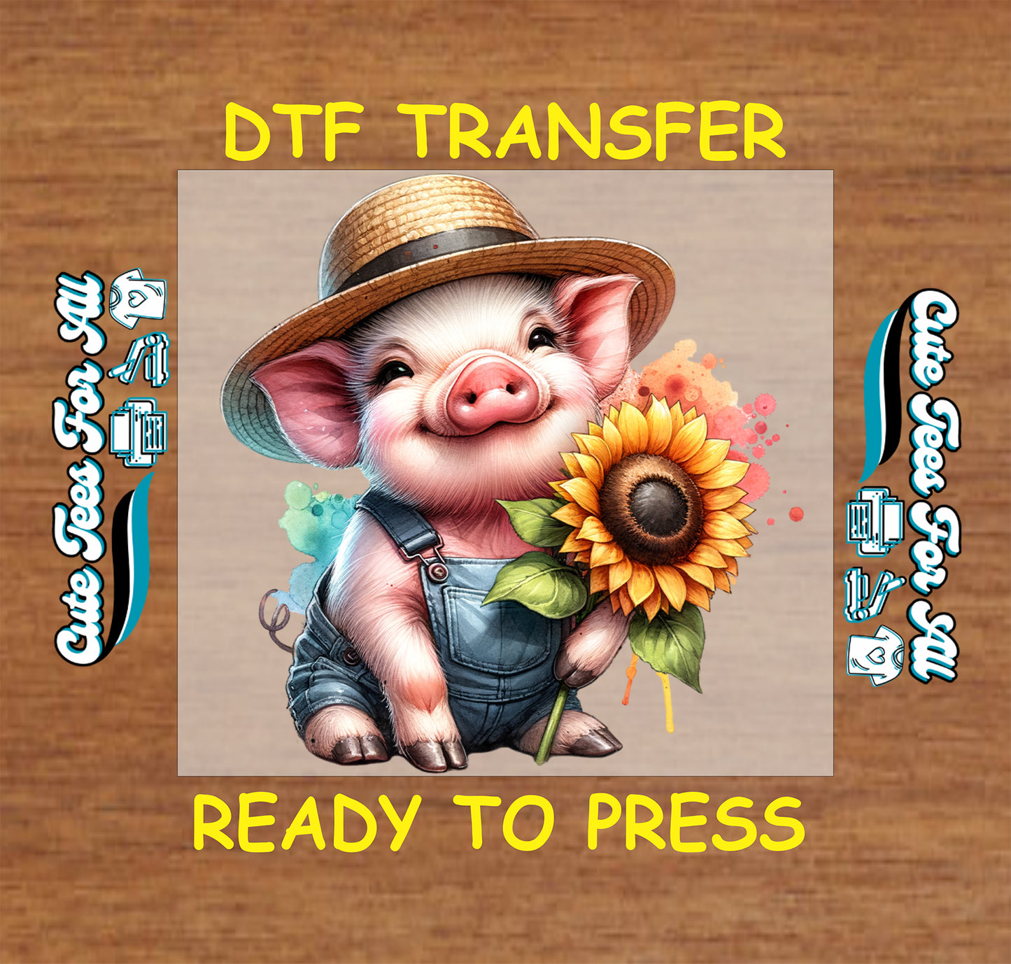 sunflower pig overalls farm ready to press dtf iron on heat transfer