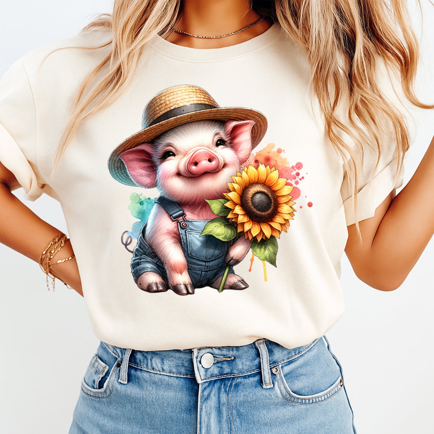 Farm DTF Transfer – Sunflower Pig Overalls Graphic Ready to Press Iron On Heat Transfer for DIY Farm Shirts 12439