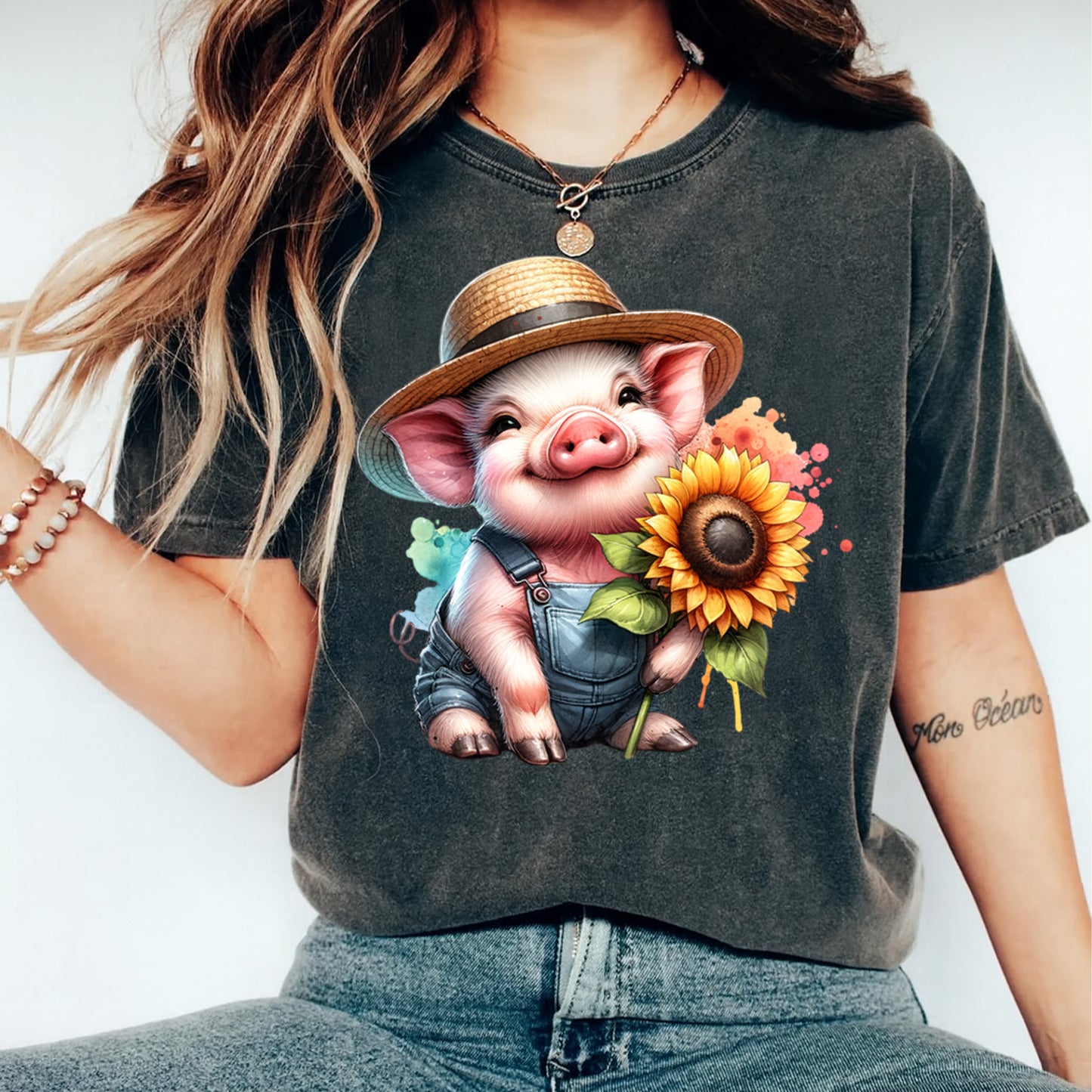Farm DTF Transfer – Sunflower Pig Overalls Graphic Ready to Press Iron On Heat Transfer for DIY Farm Shirts 12439