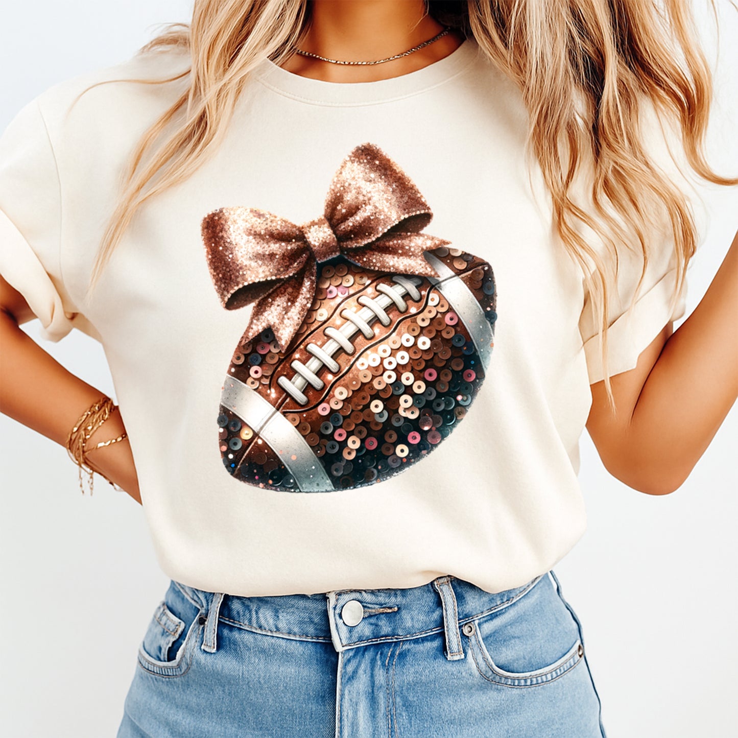 Football DTF Transfer – Sequin Football Glitter Bow Graphic Ready to Press Iron On Heat Transfer for DIY Game Day Shirts 12440