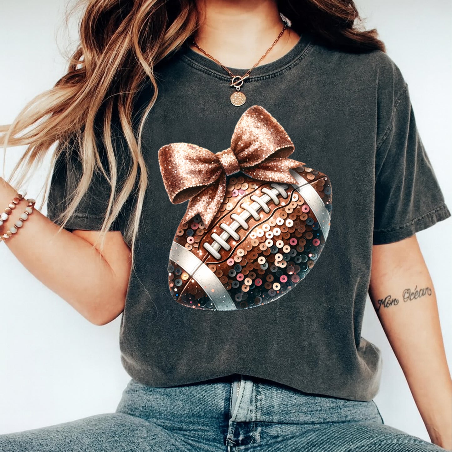 Football DTF Transfer – Sequin Football Glitter Bow Graphic Ready to Press Iron On Heat Transfer for DIY Game Day Shirts 12440