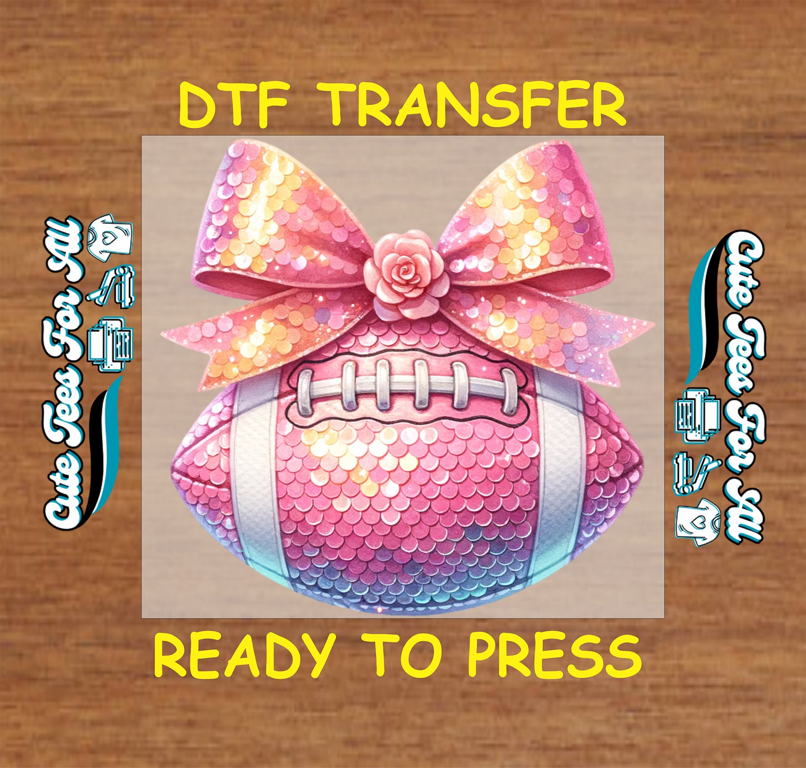 pink sequin football floral bow game day ready to press dtf iron on heat transfer