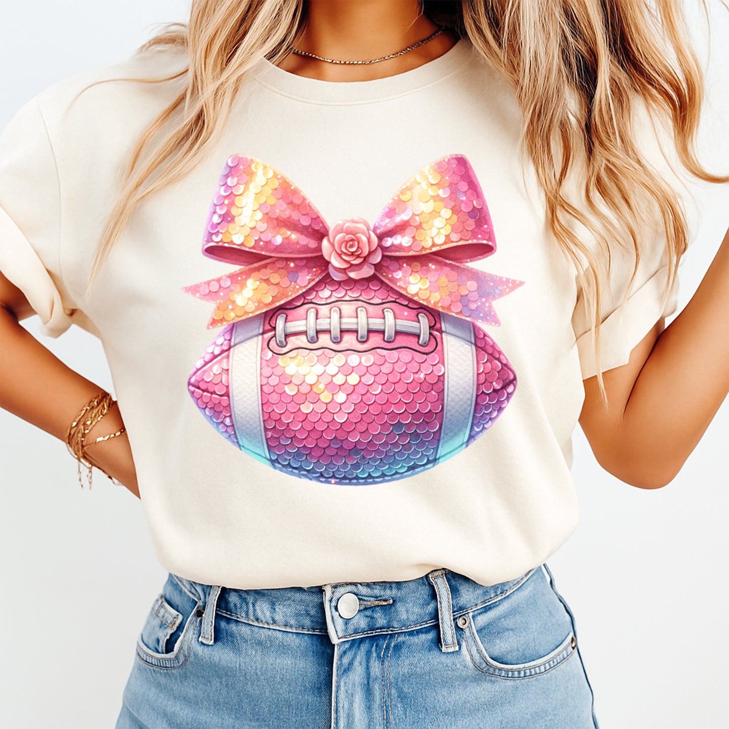 Football DTF Transfer – Pink Sequin Football Floral Bow Graphic Ready to Press Iron On Heat Transfer for DIY Game Day Shirts 12441