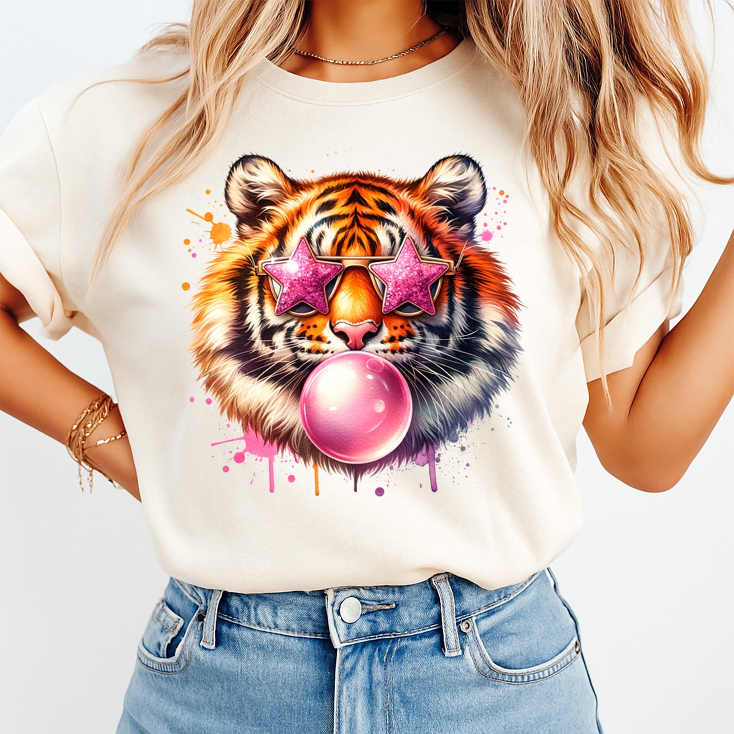 Animal DTF Transfer – Glam Star Sunglasses Tiger Bubblegum Graphic Ready to Press Iron On Heat Transfer for DIY Trendy Shirts 12442
