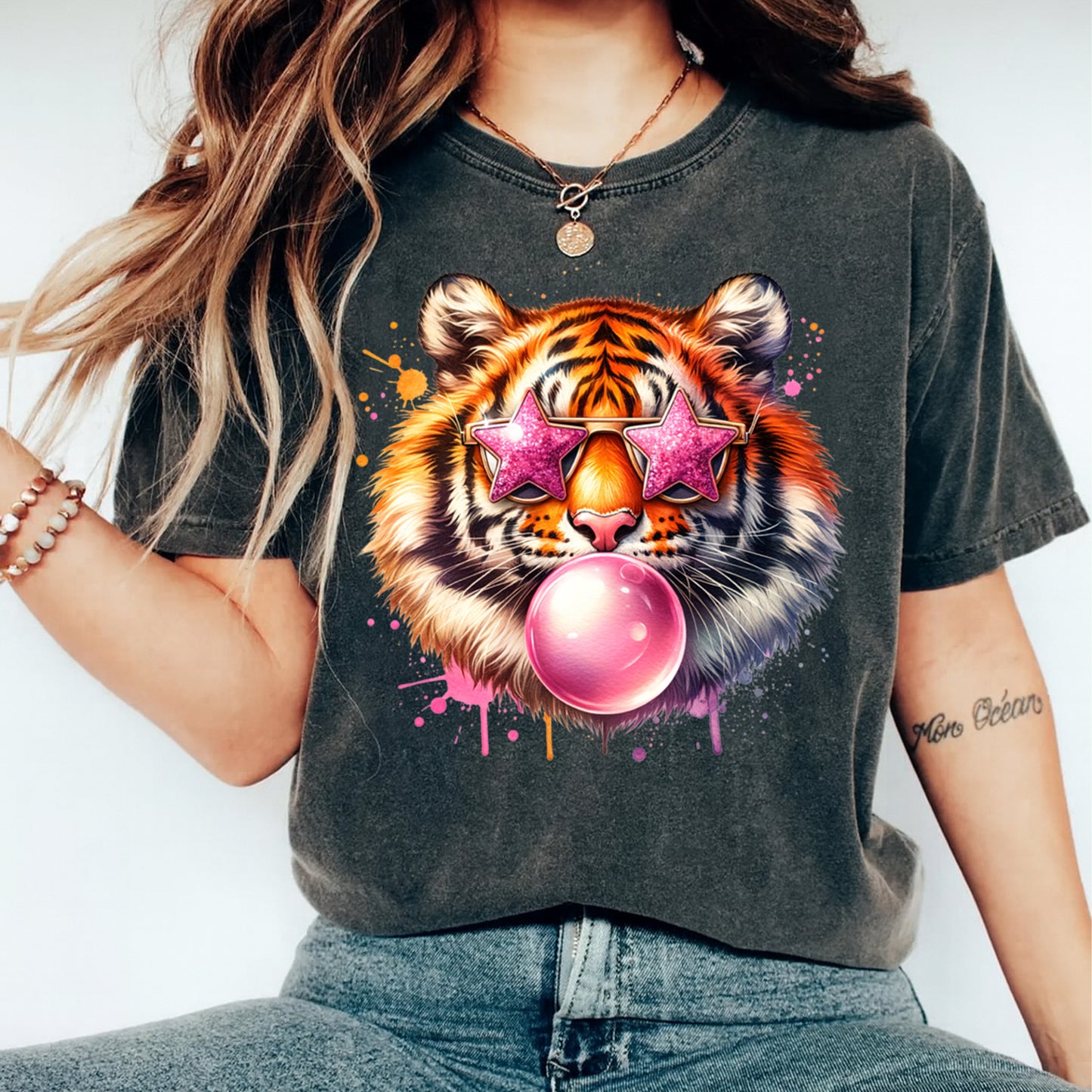 Animal DTF Transfer – Glam Star Sunglasses Tiger Bubblegum Graphic Ready to Press Iron On Heat Transfer for DIY Trendy Shirts 12442