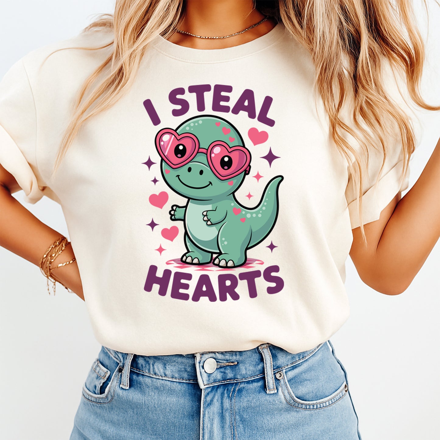 Valentine DTF Transfer – Dino I Steal Hearts Graphic Ready to Press Iron On Heat Transfer for DIY Valentine Shirts 12443