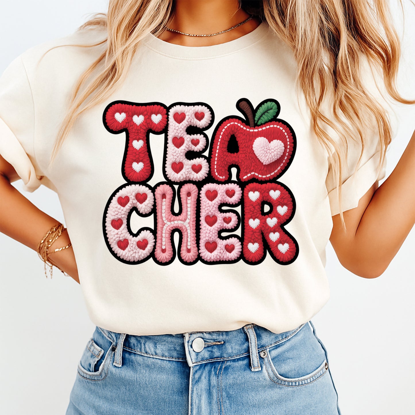 Valentine Teacher DTF Transfer – Heart Apple Lettering Graphic Ready to Press Iron On Heat Transfer for DIY Valentine Shirts 12444
