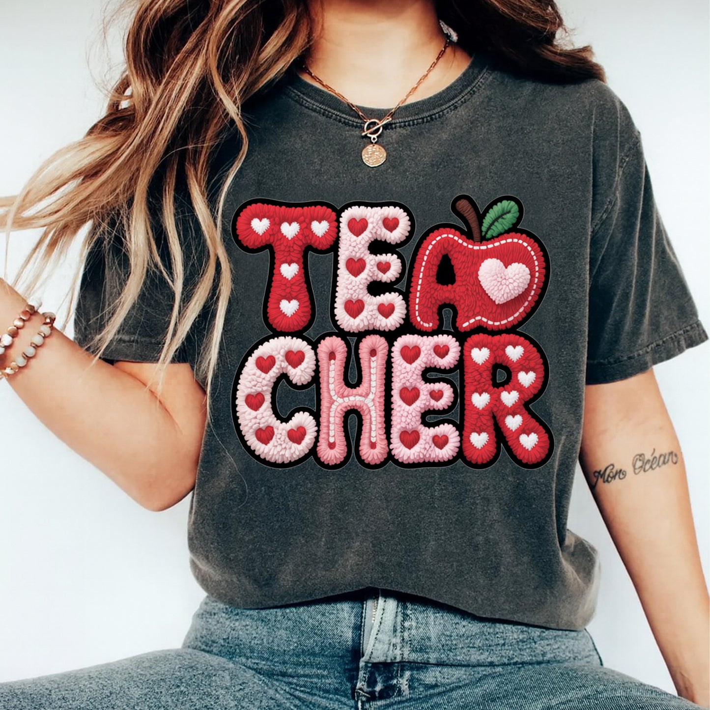 Valentine Teacher DTF Transfer – Heart Apple Lettering Graphic Ready to Press Iron On Heat Transfer for DIY Valentine Shirts 12444