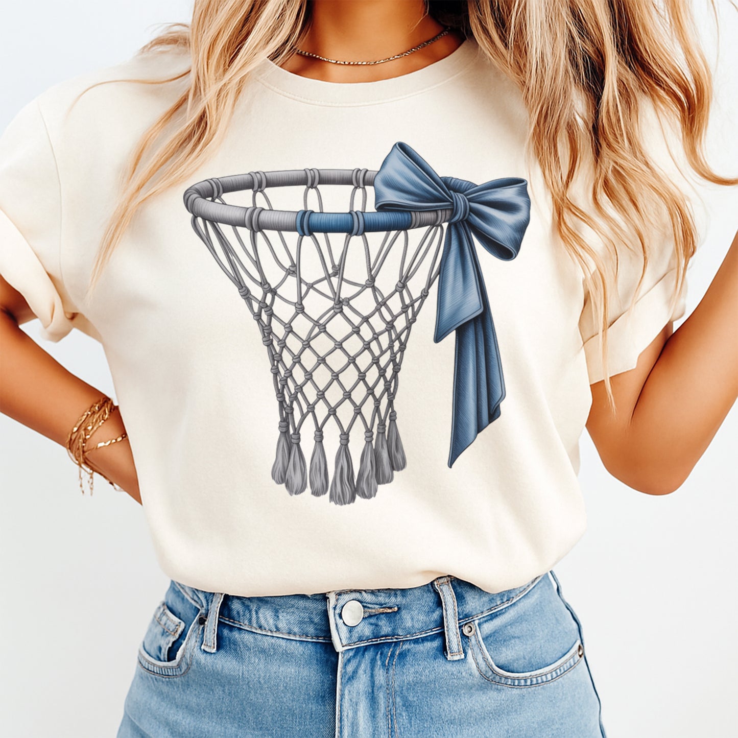 Basketball DTF Transfer – Net with Bow Graphic Ready to Press Iron On Heat Transfer for DIY Sports Shirts 12445