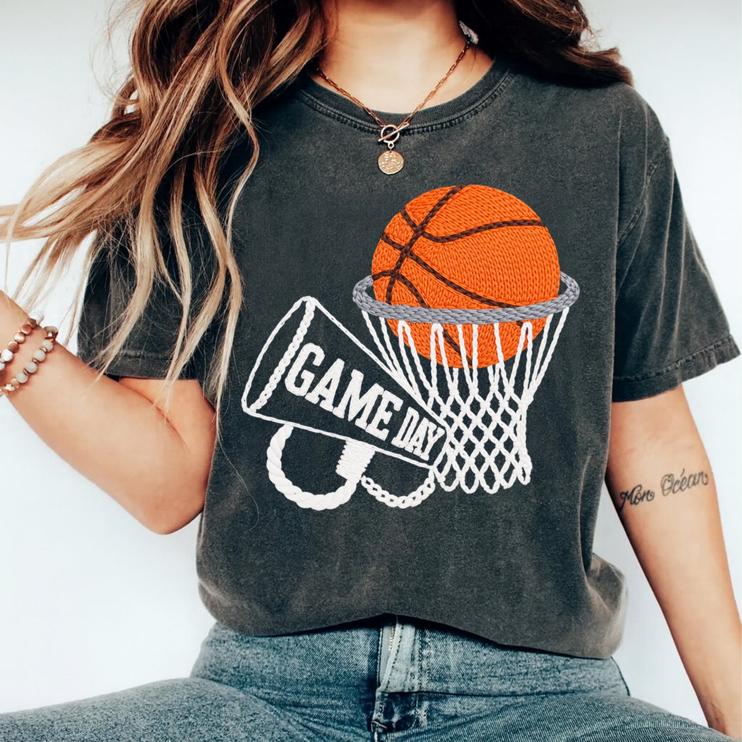 Basketball DTF Transfer – Game Day Net and Megaphone Graphic Ready to Press Iron On Heat Transfer for DIY Sports Shirts 12446