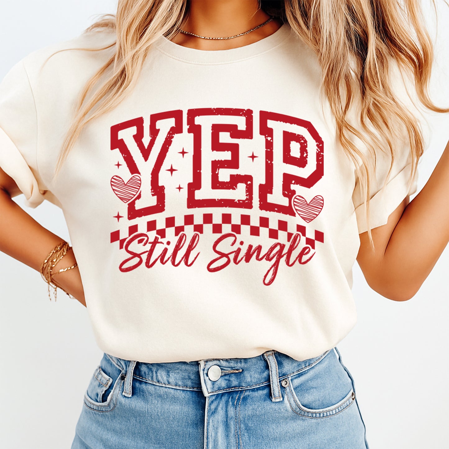Valentine DTF Transfer – Yep Still Single Retro Checkered Heart Graphic Ready to Press Iron On Heat Transfer for DIY Valentine Shirts 12447
