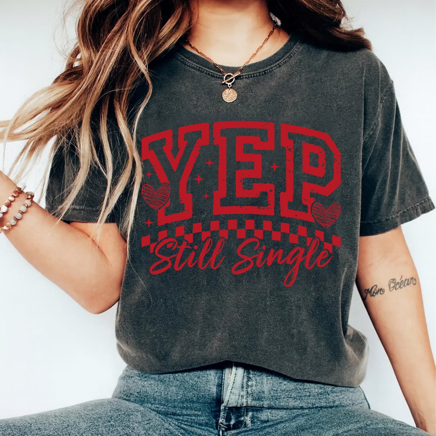 Valentine DTF Transfer – Yep Still Single Retro Checkered Heart Graphic Ready to Press Iron On Heat Transfer for DIY Valentine Shirts 12447