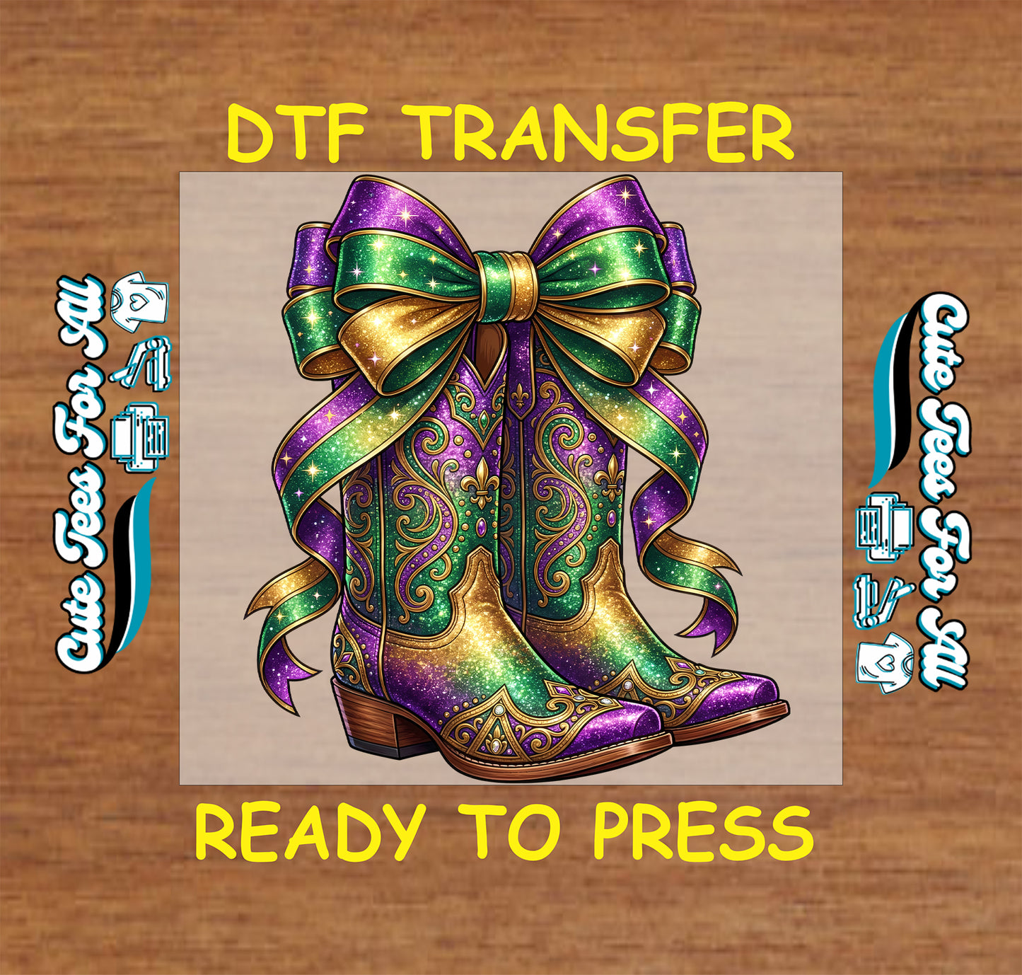 mardi gras glitter western boots bow graphic ready to press dtf heat transfer