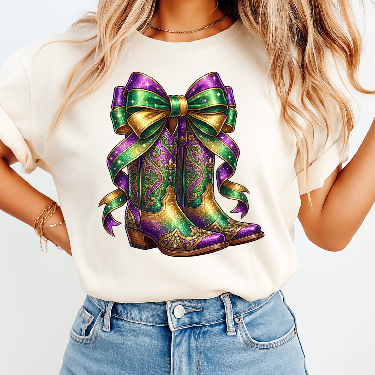 Mardi Gras DTF Transfer – Glitter Western Boots with Bow Graphic Ready to Press Iron On Heat Transfer for DIY Mardi Gras Shirts 12450