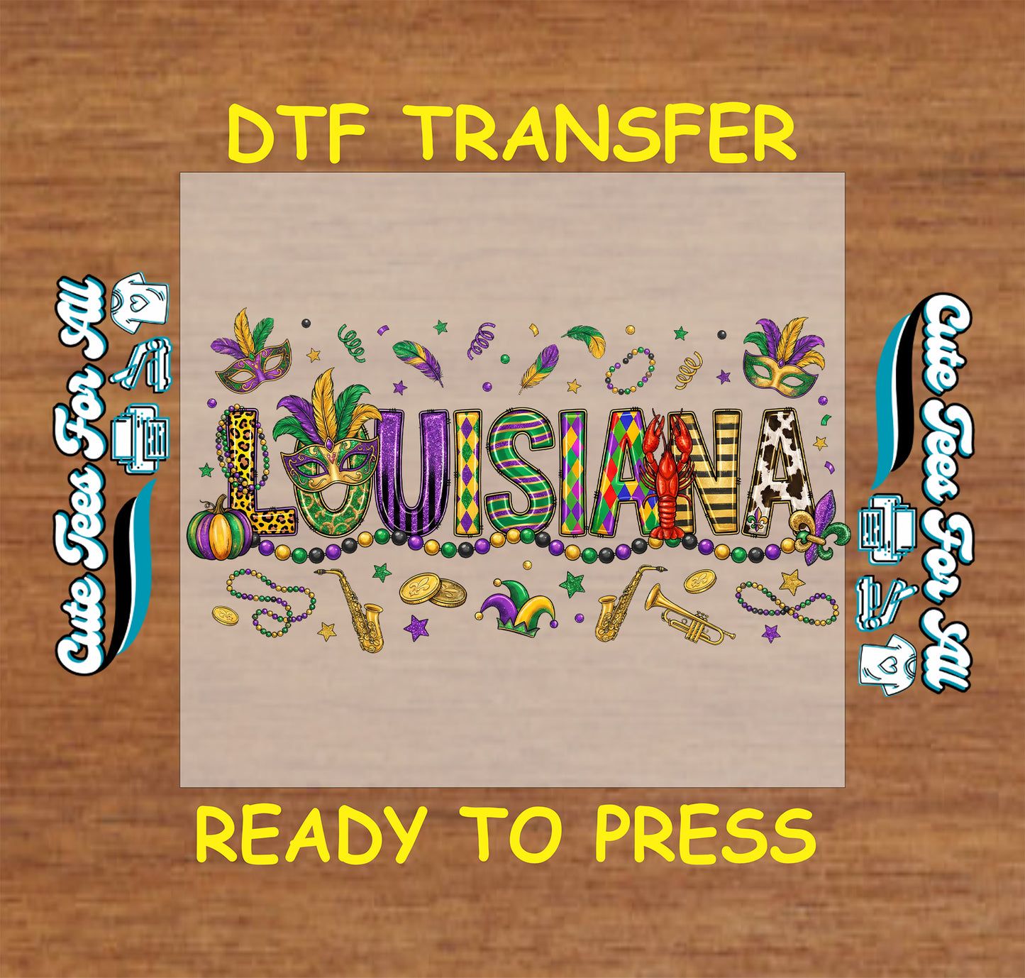 louisiana mardi gras word art mask beads graphic ready to press dtf heat transfer