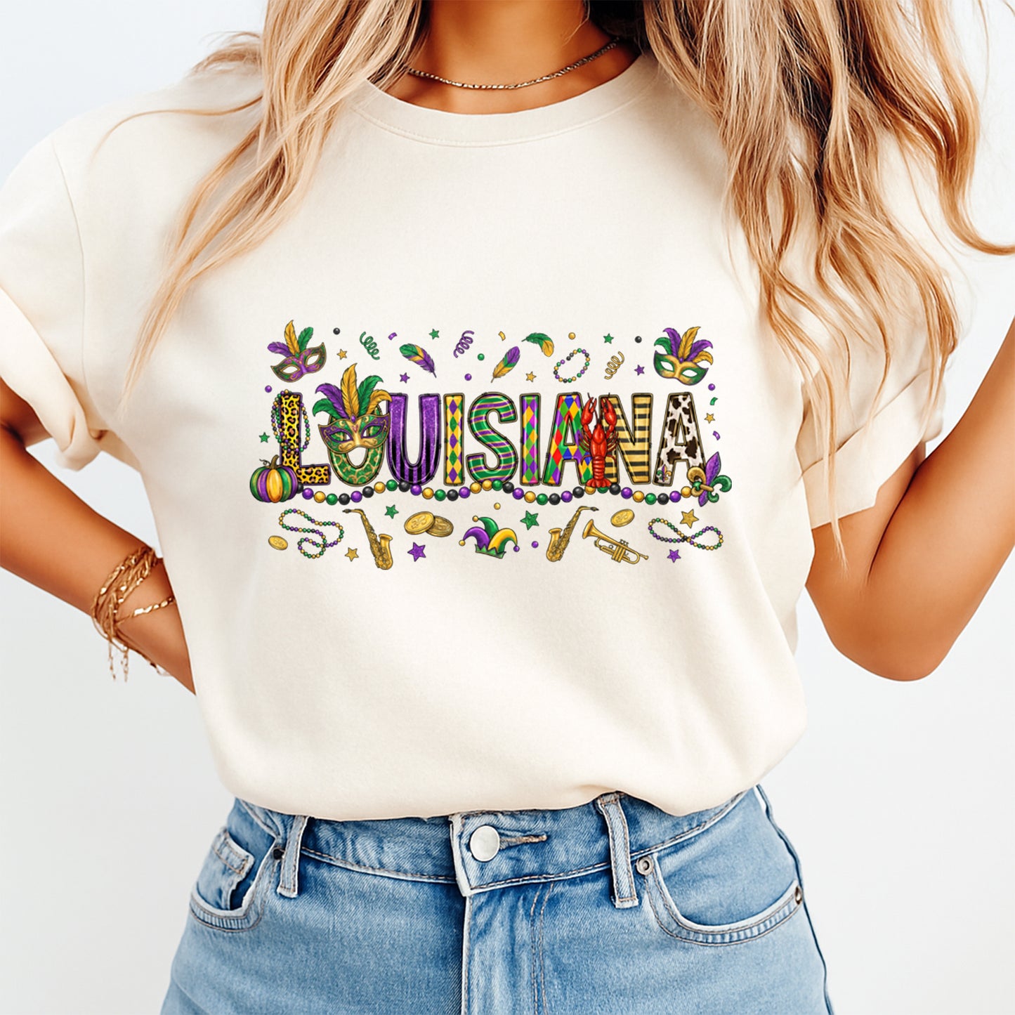 Mardi Gras DTF Transfer – Louisiana Word Art Mask Beads Graphic Ready to Press Iron On Heat Transfer for DIY Mardi Gras Shirts 12451