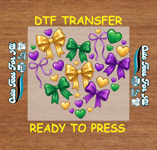 mardi gras bows hearts purple green gold graphic ready to press dtf heat transfer