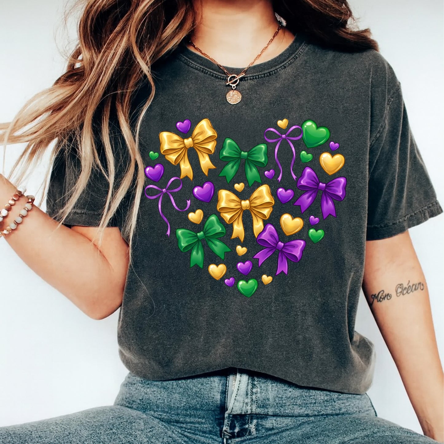 Mardi Gras DTF Transfer – Bows Hearts Purple Green Gold Graphic Ready to Press Iron On Heat Transfer for DIY Mardi Gras Shirts 12452