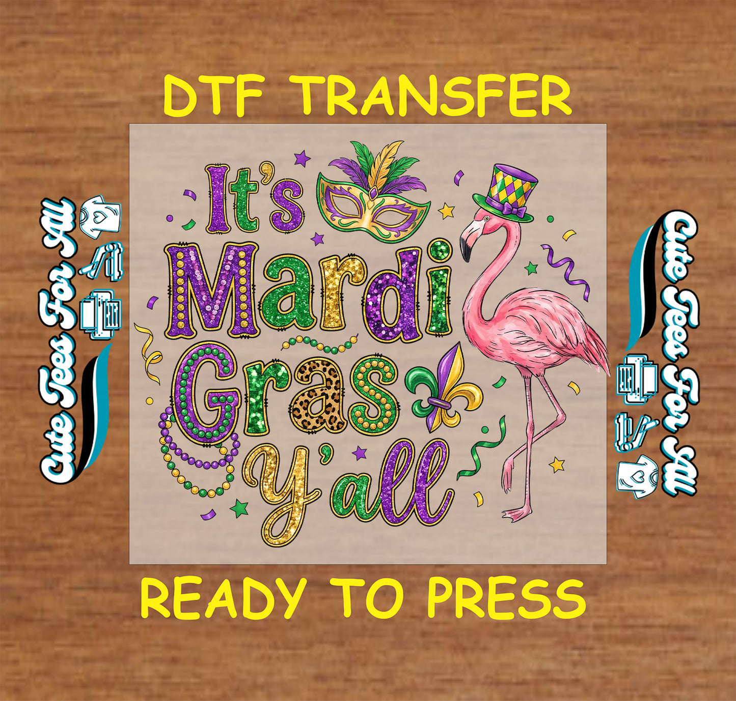 mardi gras flamingo mask beads yall graphic ready to press dtf heat transfer