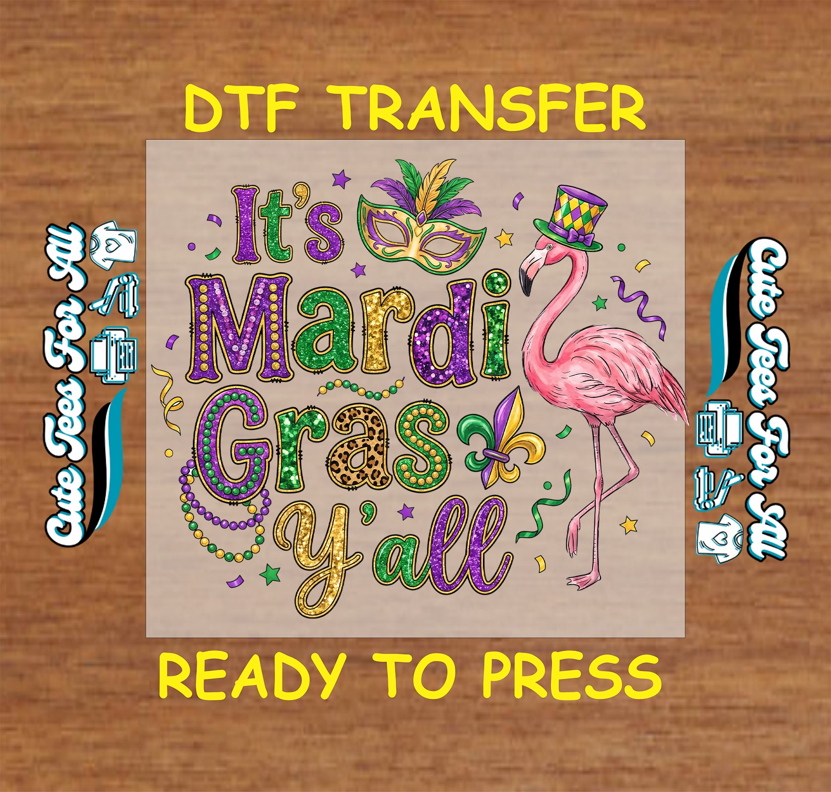 mardi gras flamingo mask beads yall graphic ready to press dtf heat transfer