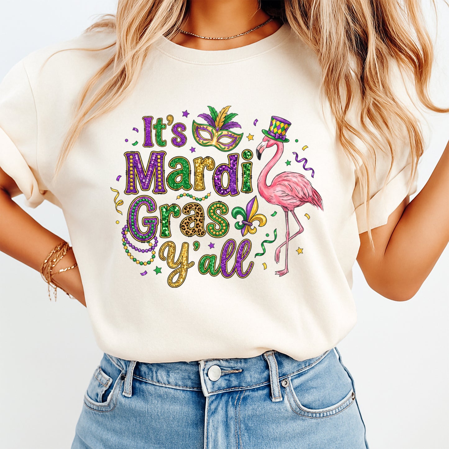 Mardi Gras DTF Transfer – Flamingo Mask Beads Yall Graphic Ready to Press Iron On Heat Transfer for DIY Mardi Gras Shirts 12453