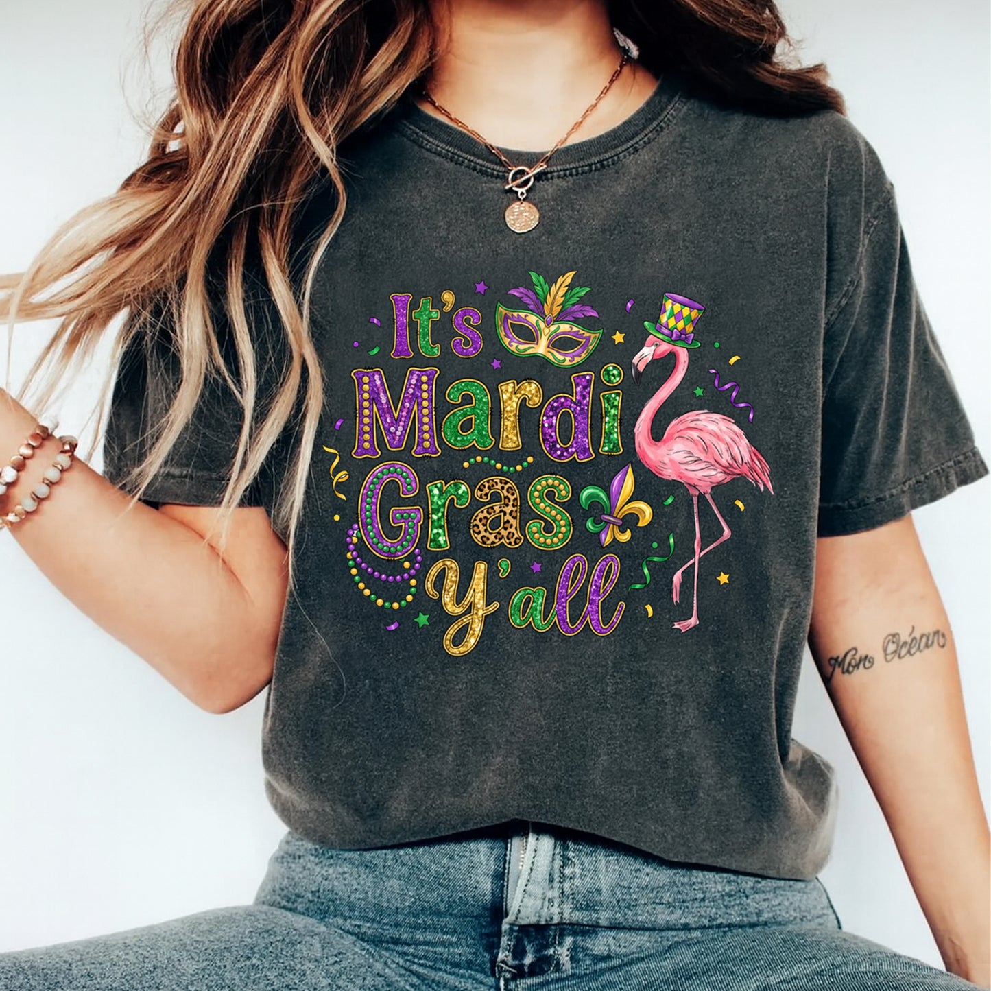 Mardi Gras DTF Transfer – Flamingo Mask Beads Yall Graphic Ready to Press Iron On Heat Transfer for DIY Mardi Gras Shirts 12453