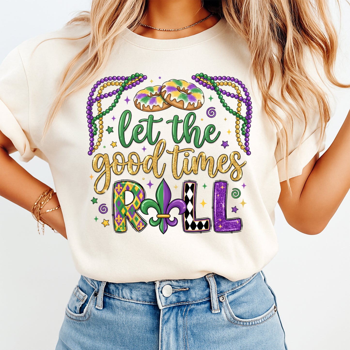 Mardi Gras DTF Transfer – Let the Good Times Roll Donuts Beads Fleur Graphic Ready to Press Iron On Heat Transfer for DIY Mardi Gras Shirts 12454