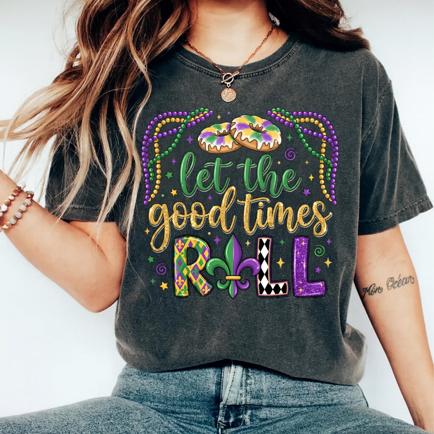 Mardi Gras DTF Transfer – Let the Good Times Roll Donuts Beads Fleur Graphic Ready to Press Iron On Heat Transfer for DIY Mardi Gras Shirts 12454