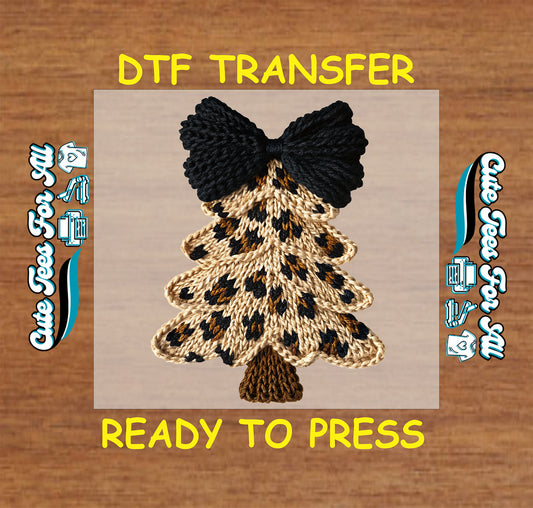 leopard knit christmas tree with black yarn bow ready to press dtf heat transfer