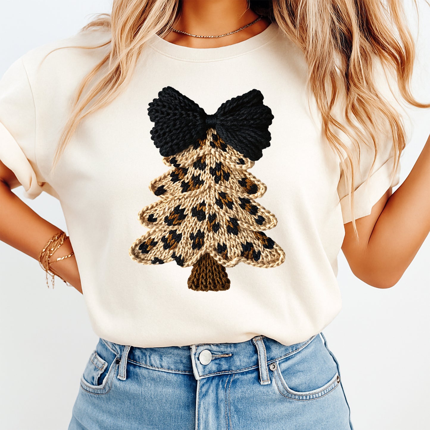 Christmas DTF Transfer – Leopard Knit Tree with Black Yarn Bow Graphic Ready to Press Iron On Heat Transfer for DIY Christmas Shirts 12458