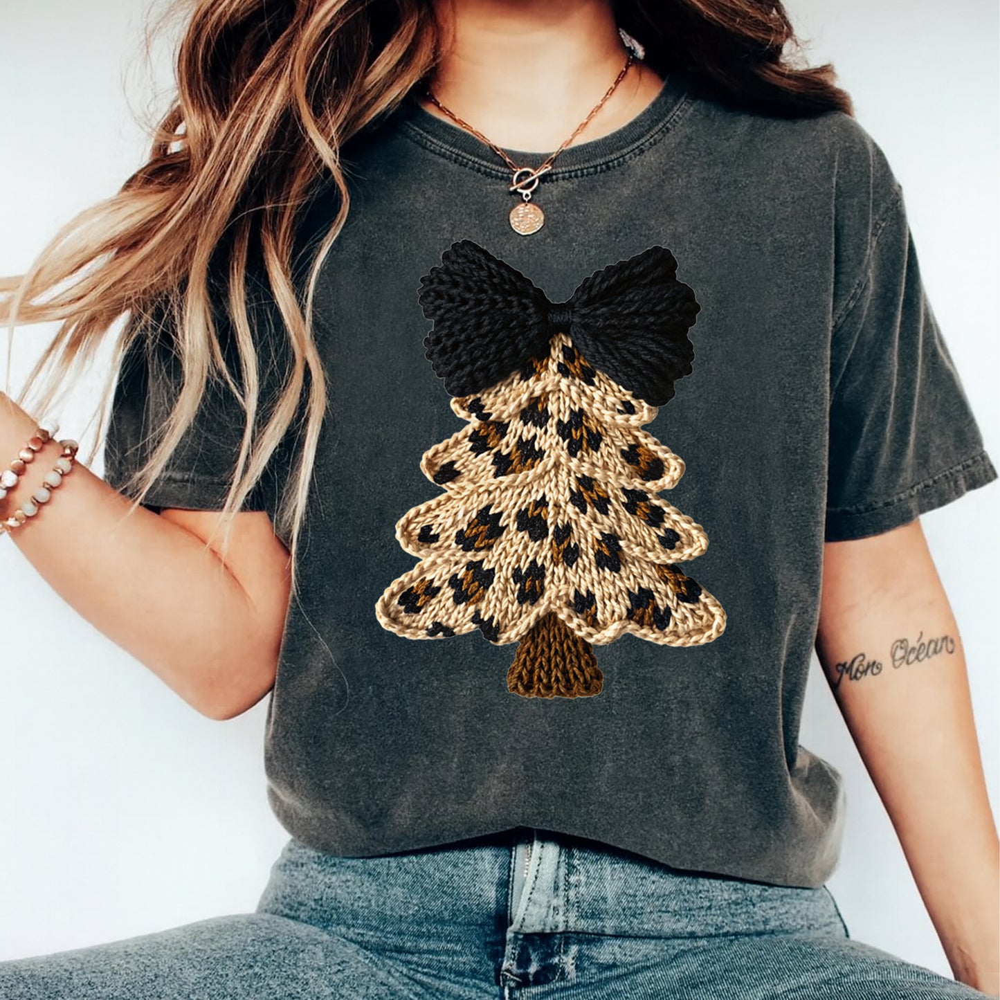 Christmas DTF Transfer – Leopard Knit Tree with Black Yarn Bow Graphic Ready to Press Iron On Heat Transfer for DIY Christmas Shirts 12458