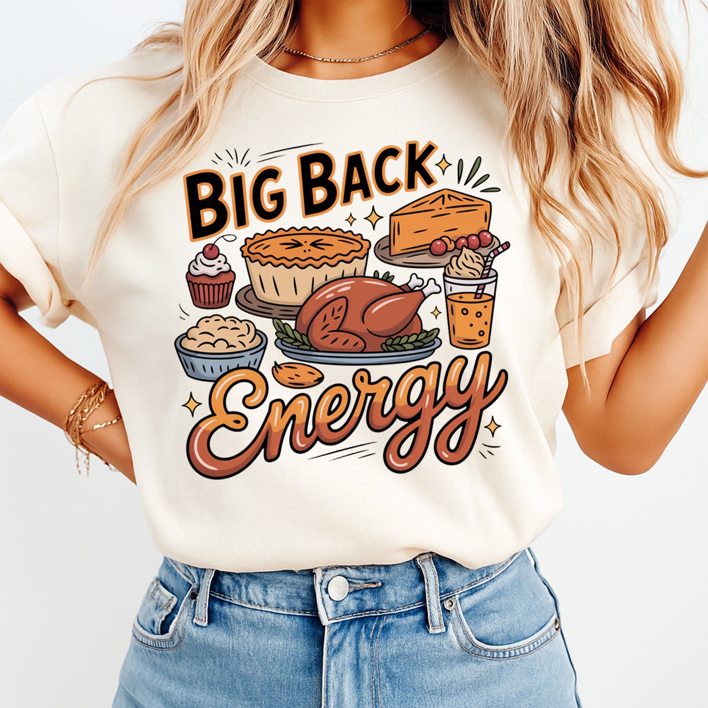 Thanksgiving DTF Transfer – Big Back Energy Turkey Pie Feast Graphic Ready to Press Iron On Heat Transfer for DIY Thanksgiving Shirts 12459