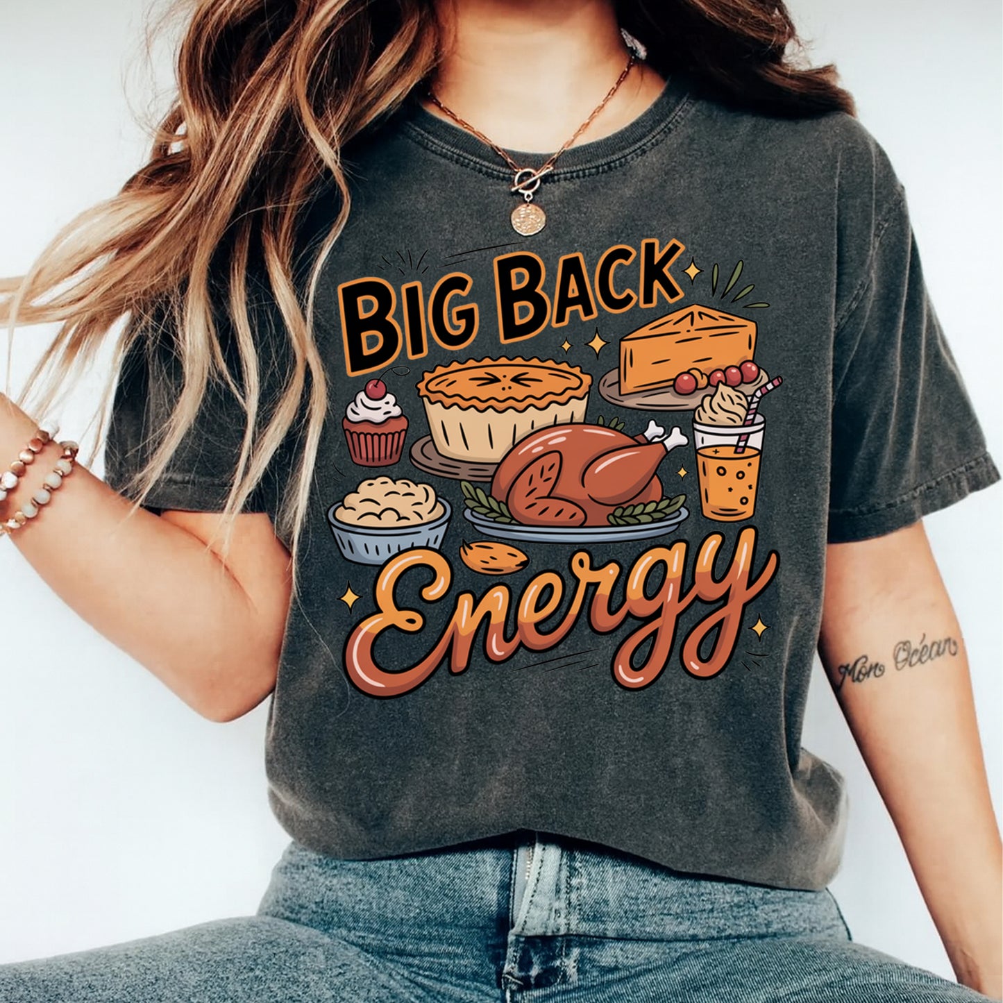 Thanksgiving DTF Transfer – Big Back Energy Turkey Pie Feast Graphic Ready to Press Iron On Heat Transfer for DIY Thanksgiving Shirts 12459