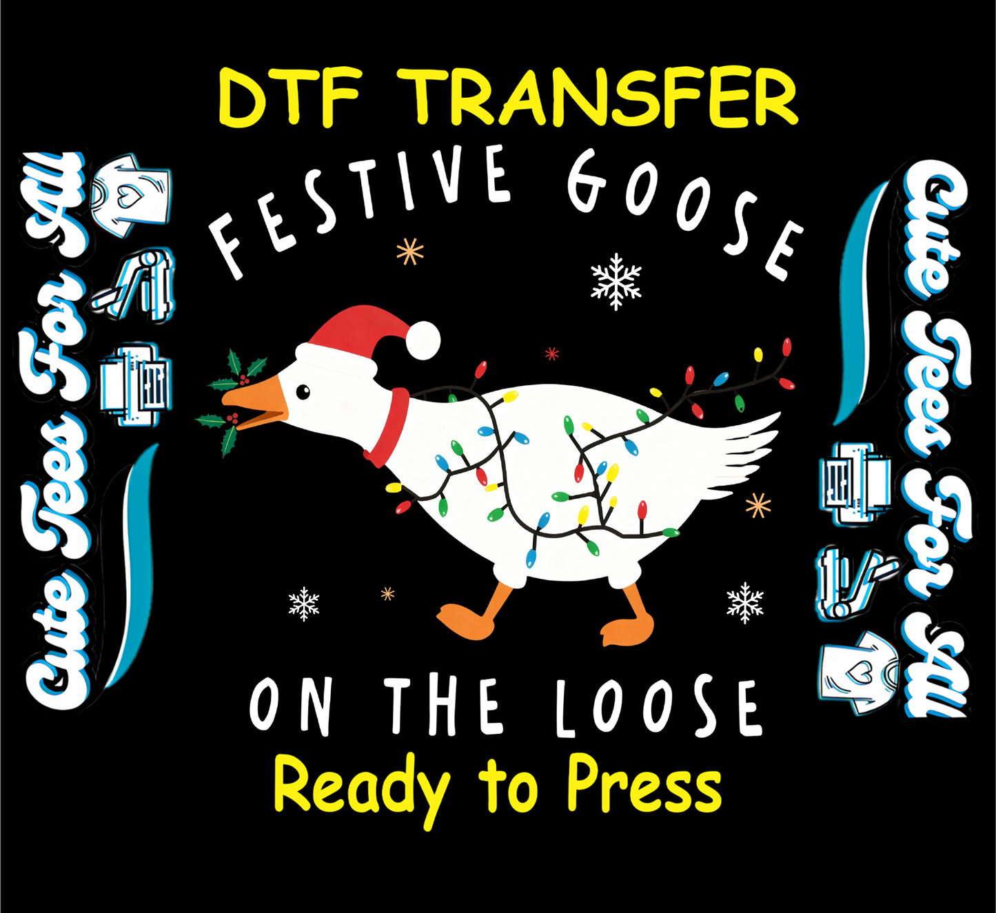 Christmas goose ready to press dtf transfer with festive goose wearing Santa hat and holiday lights for DIY Christmas shirts