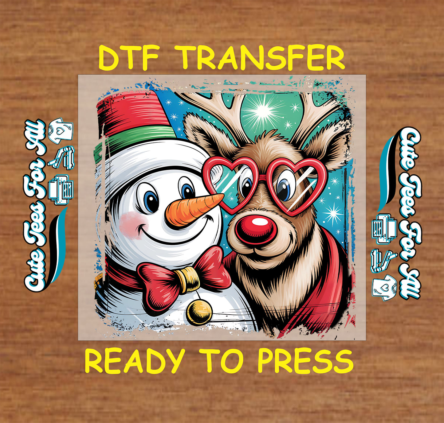 Christmas snowman and reindeer ready to press dtf transfer with festive holiday characters for DIY Christmas shirts
