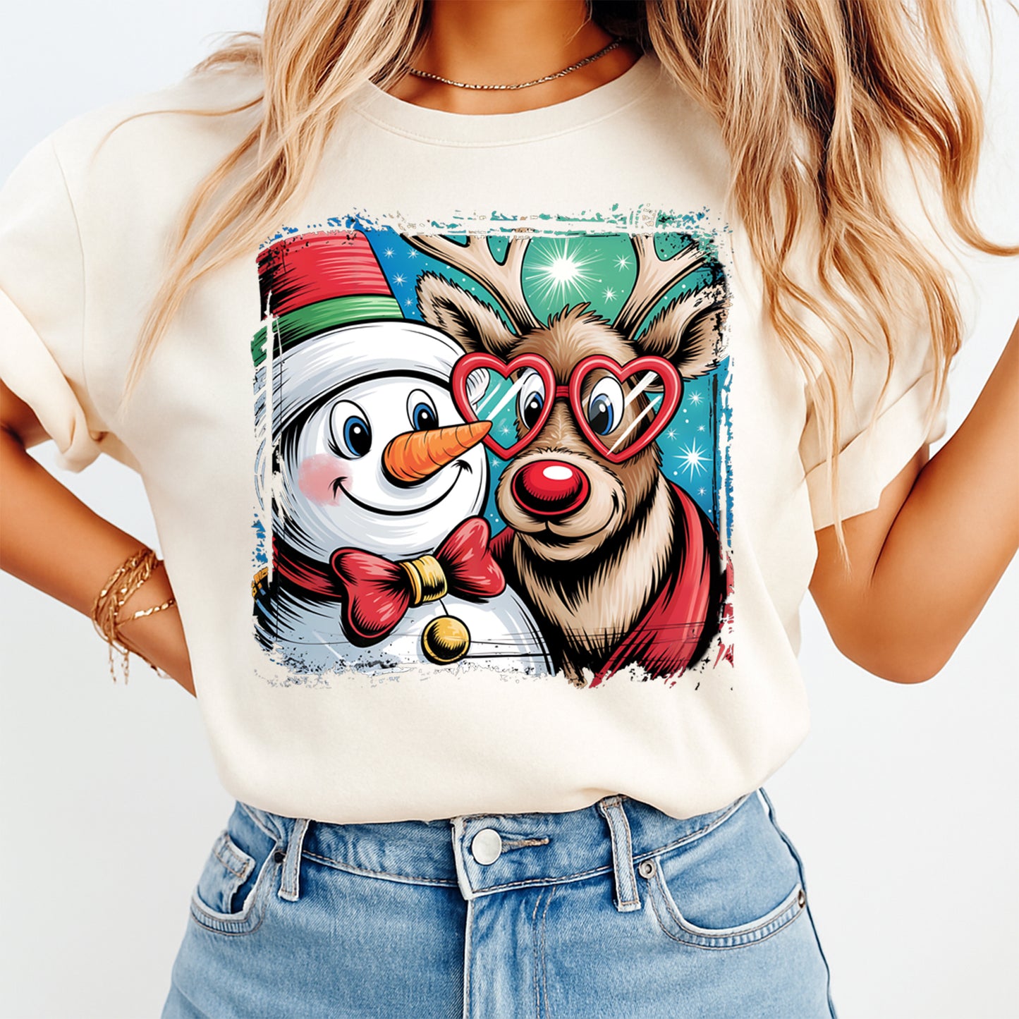 Christmas DTF Transfer – Snowman and Reindeer Holiday Friends Ready to Press Iron On Heat Transfer DIY Christmas Shirts 12463