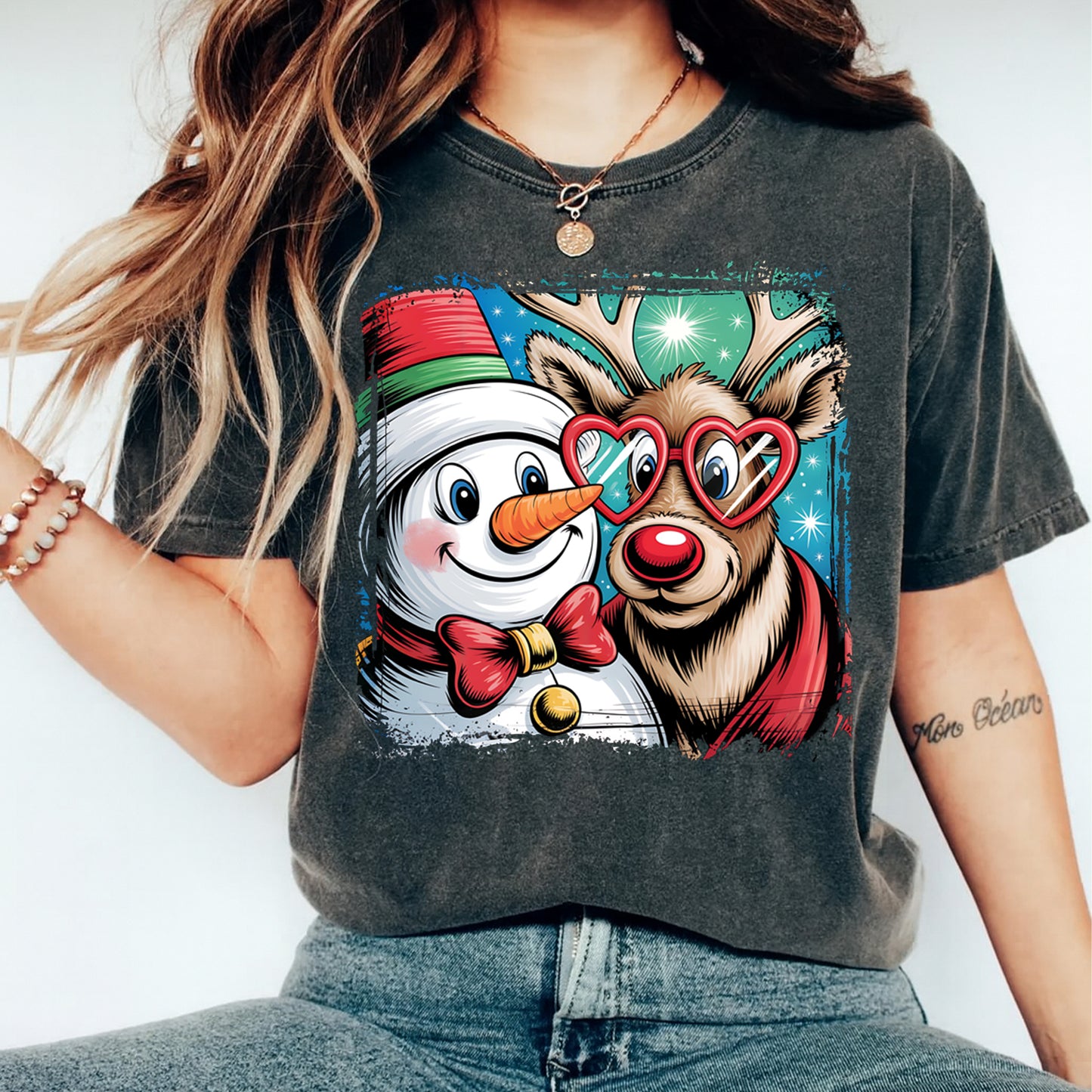 Christmas DTF Transfer – Snowman and Reindeer Holiday Friends Ready to Press Iron On Heat Transfer DIY Christmas Shirts 12463