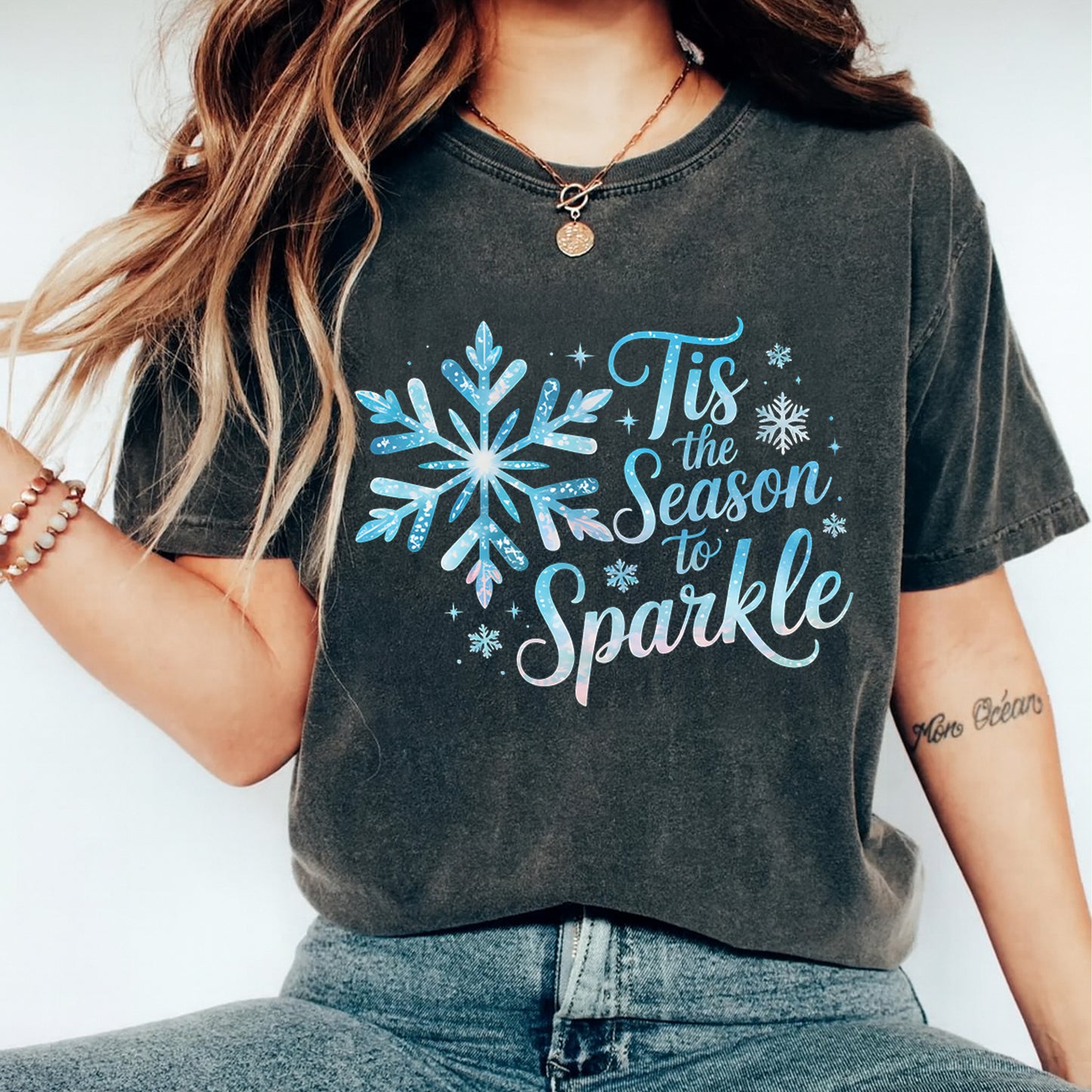 Winter Snowflake DTF Transfer – Tis the Season Sparkle Ready to Press Iron On Heat Transfer DIY Christmas Shirts 12465