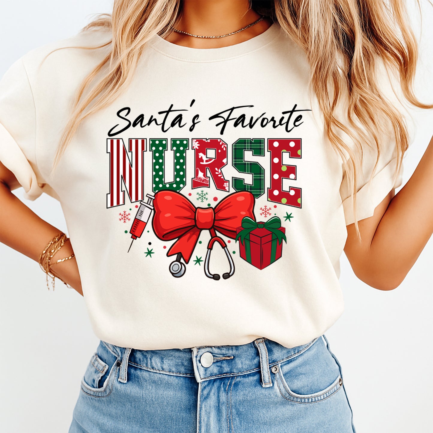 Christmas Nurse DTF Transfer – Santa’s Favorite Nurse Holiday Ready to Press Iron On Heat Transfer DIY Christmas Shirts 12466