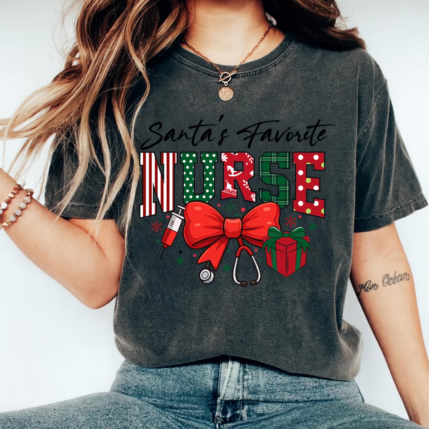 Christmas Nurse DTF Transfer – Santa’s Favorite Nurse Holiday Ready to Press Iron On Heat Transfer DIY Christmas Shirts 12466