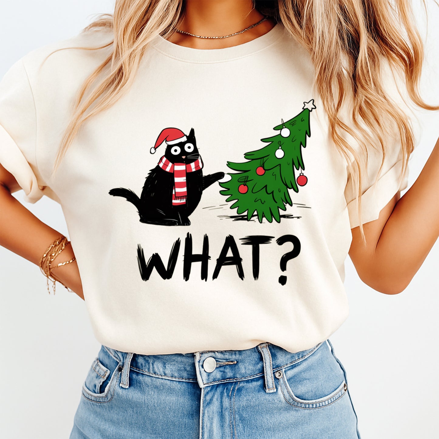 Christmas Cat WHAT DTF Transfer – Ready to Press Iron On Heat Transfer for DIY Christmas Shirts 12480