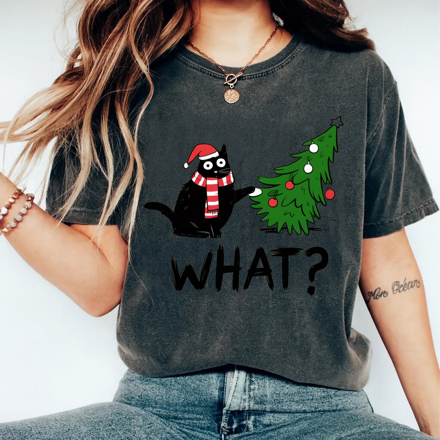 Christmas Cat WHAT DTF Transfer – Ready to Press Iron On Heat Transfer for DIY Christmas Shirts 12480