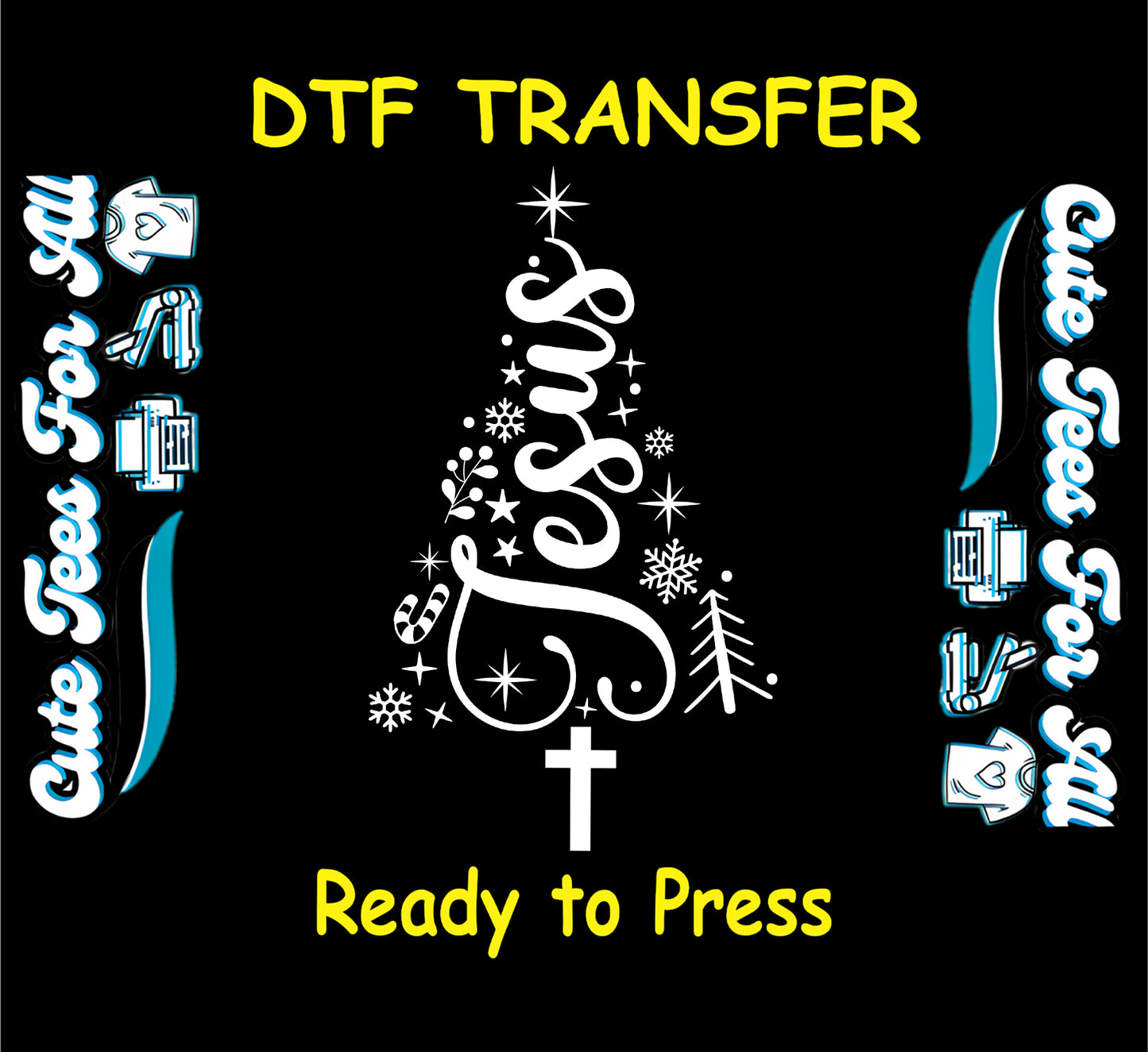 Religious Christmas Jesus tree with cross and snowflakes ready to press dtf heat transfer for DIY Christmas shirts