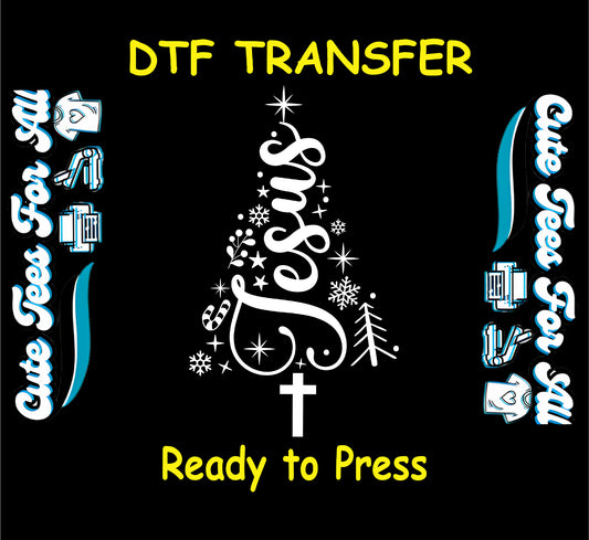 Religious Christmas Jesus tree with cross and snowflakes ready to press dtf heat transfer for DIY Christmas shirts